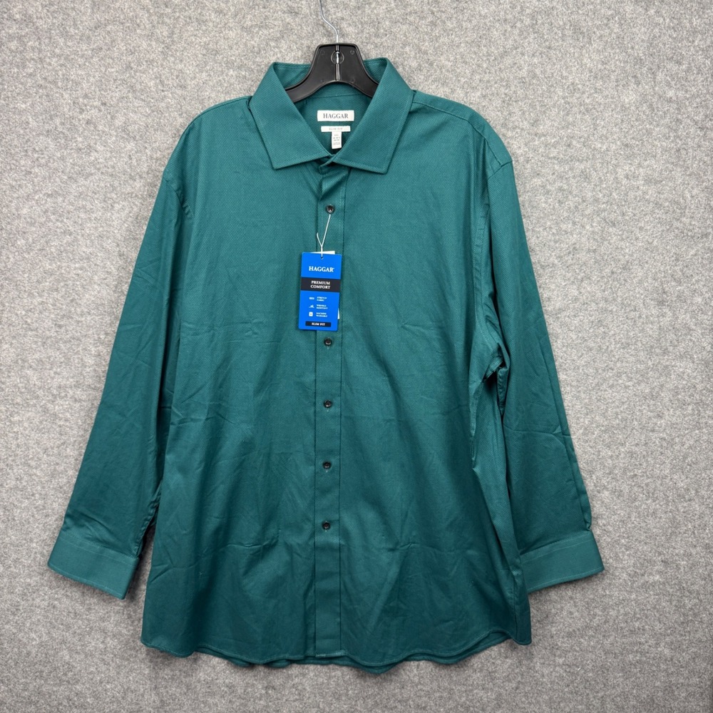 Haggar Premium Comfort Dress Shirt XXL 18-18.5 34/35 Slim Fit Dark Green Stretch